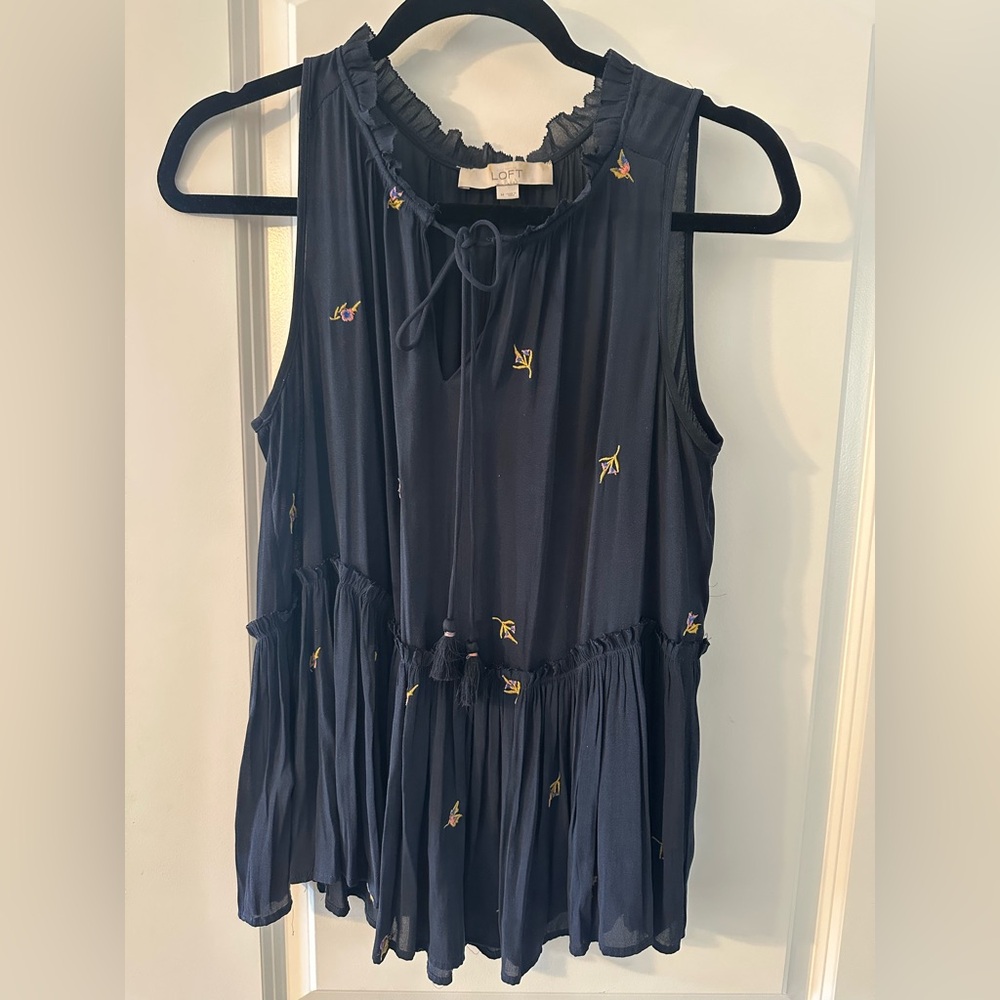 LOFT Dark Blue Sleeveless Dress with Yellow Embroidery